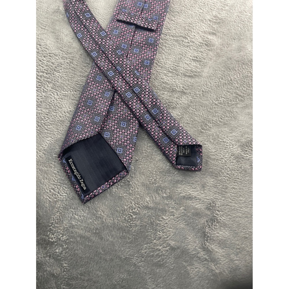 Ermenegildo Zegna Silk Necktie Pink Blue Square Geometric Pattern Luxury‎ - Picture 4 of 8